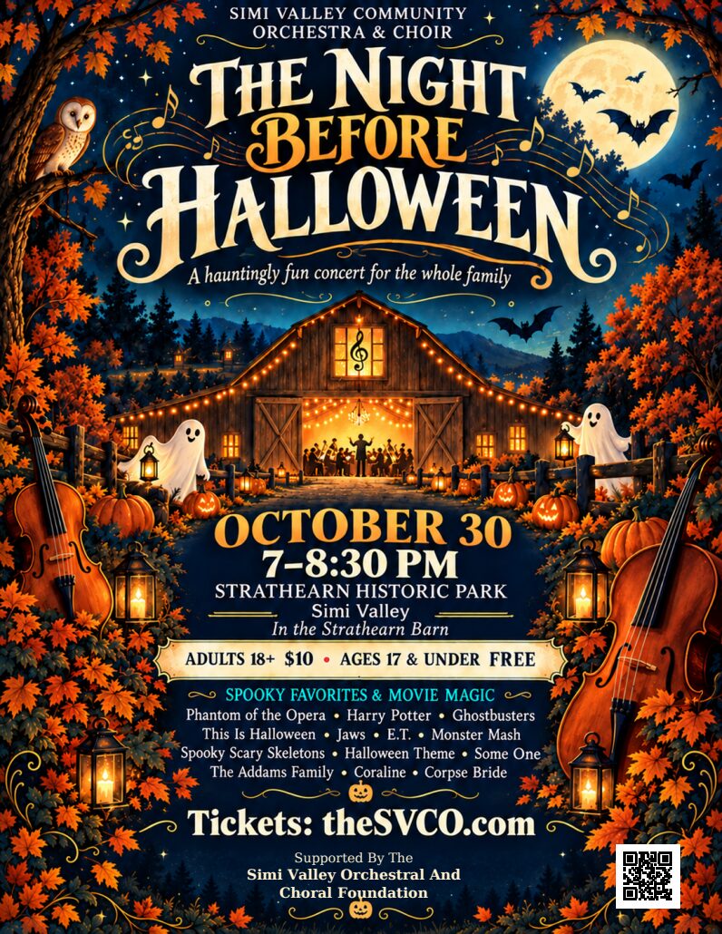 Illustrated moonlit barn concert framed by autumn leaves, pumpkins, musical notes and friendly ghosts.