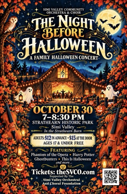 Illustrated moonlit barn concert framed by autumn leaves, pumpkins, musical notes and friendly ghosts.